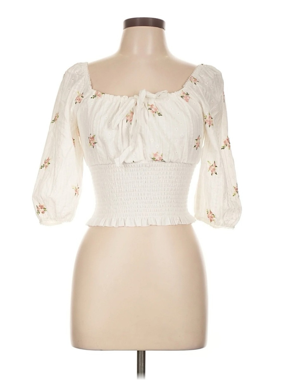 Kirious White Floral 100% Cotton Romantic Smocked Peasant Top - Size Large